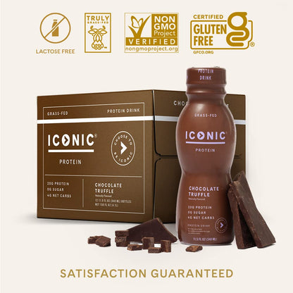 Iconic Protein Drinks, Chocolate Truffle (12 Pack) - Sugar Free & Low Carb - 20g Grass Fed Protein - Lactose Free, Gluten Free, Non-GMO, Kosher - Keto Friendly Protein Shakes - Maple Wellness Supplements