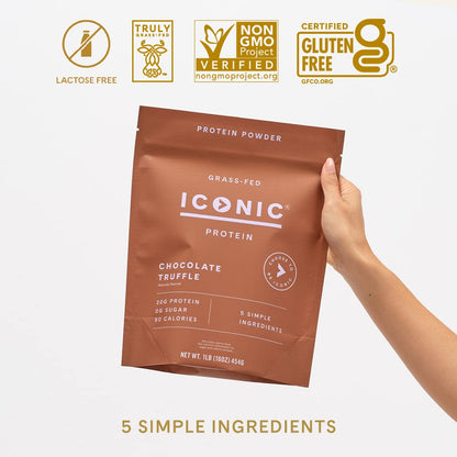 ICONIC Protein Powder, Chocolate Truffle - Sugar Free, Low Carb Protein Powder - Lactose Free, Gluten Free, Non-GMO - 20g Grass Fed Whey & Casein Protein - Keto Friendly, 1 lb. Pouch (17 Servings) - Maple Wellness Supplements