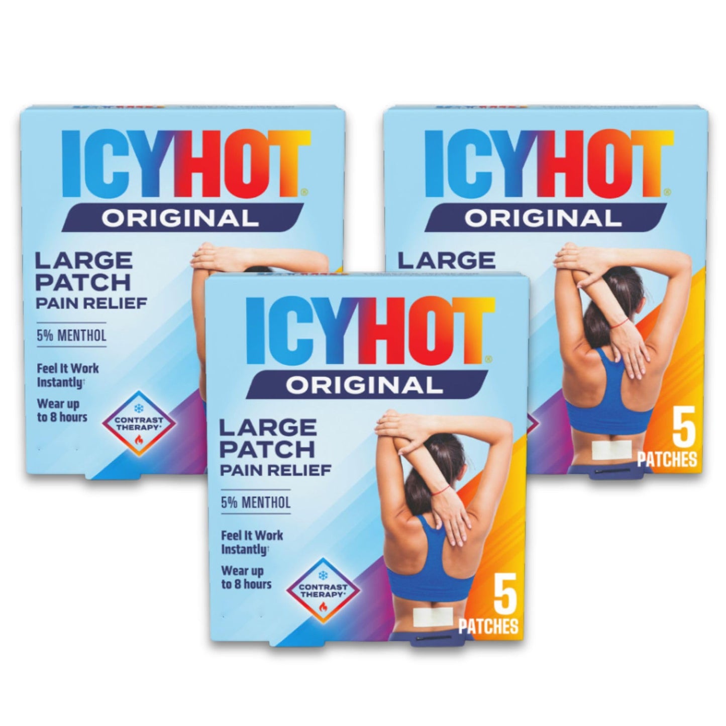 Icy Hot Original Pain Relief Patch, Large Size Comfortable Fabric Patches with Menthol 5%, Ice and Heat Contrast Therapy for Backaches, Joints, Muscle Strains and Arthritis, 5 ct., 3 Pack - Maple Wellness Supplements