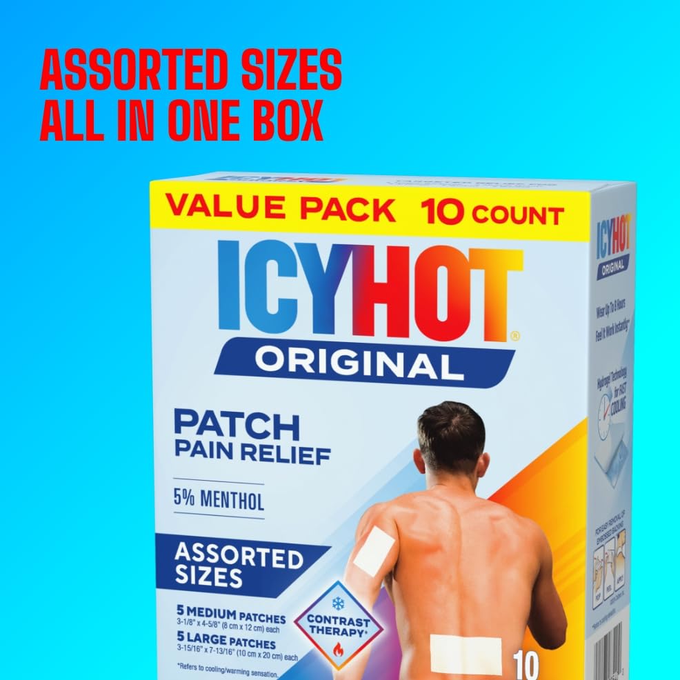 Icy Hot Original Pain Relief Patch Variety Pack with 5% Cooling Menthol for Fast-Acting Muscle and Joint Pain Relief, 5 Medium and 5 Large Comfortable Fabric Patches, 10 Ct., 2 pk - Maple Wellness Supplements
