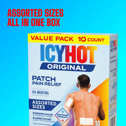 Icy Hot Original Pain Relief Patch Variety Pack with 5% Cooling Menthol for Fast-Acting Muscle and Joint Pain Relief, 5 Medium and 5 Large Comfortable Fabric Patches, 10 Ct., 2 pk - Maple Wellness Supplements