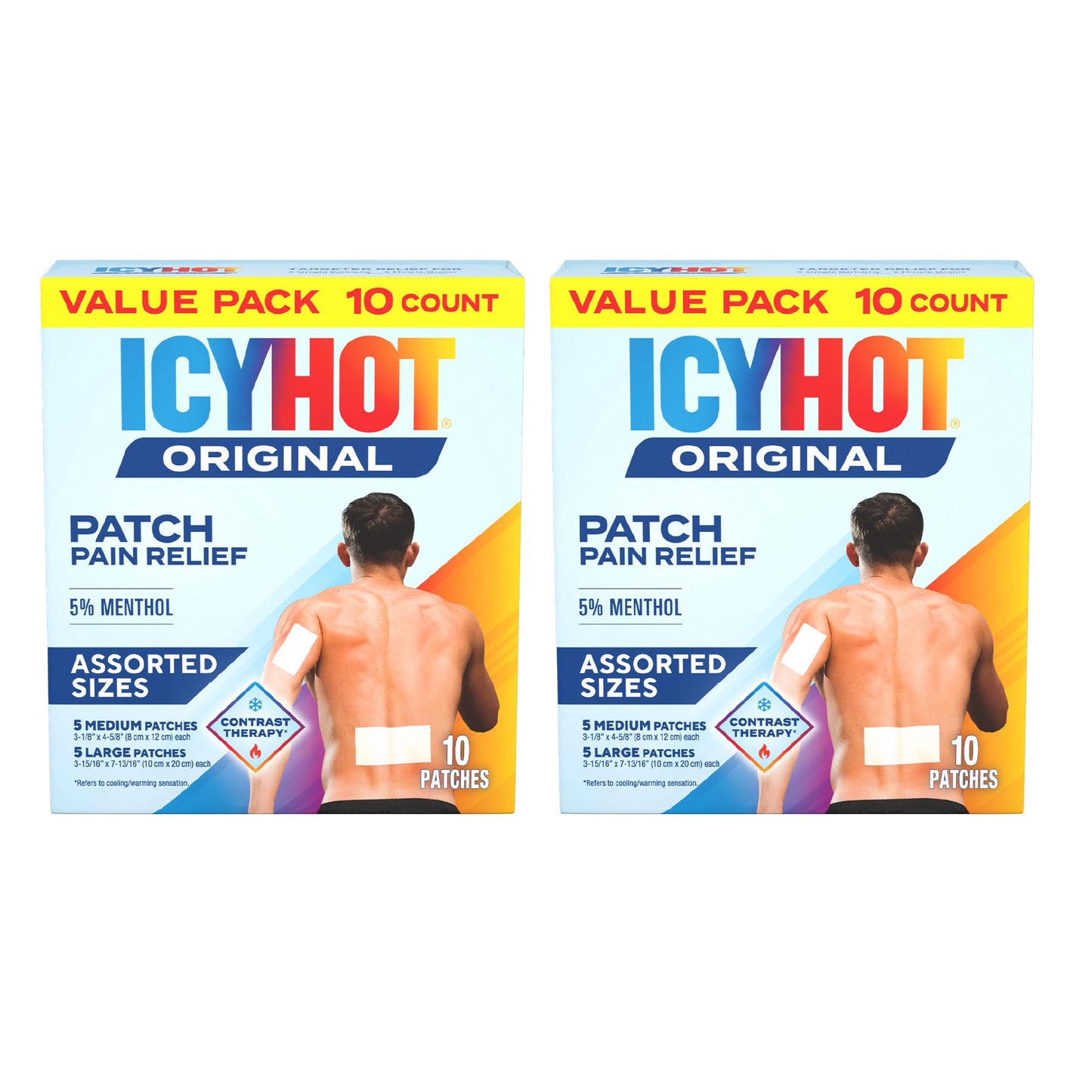 Icy Hot Original Pain Relief Patch Variety Pack with 5% Cooling Menthol for Fast-Acting Muscle and Joint Pain Relief, 5 Medium and 5 Large Comfortable Fabric Patches, 10 Ct., 2 pk - Maple Wellness Supplements