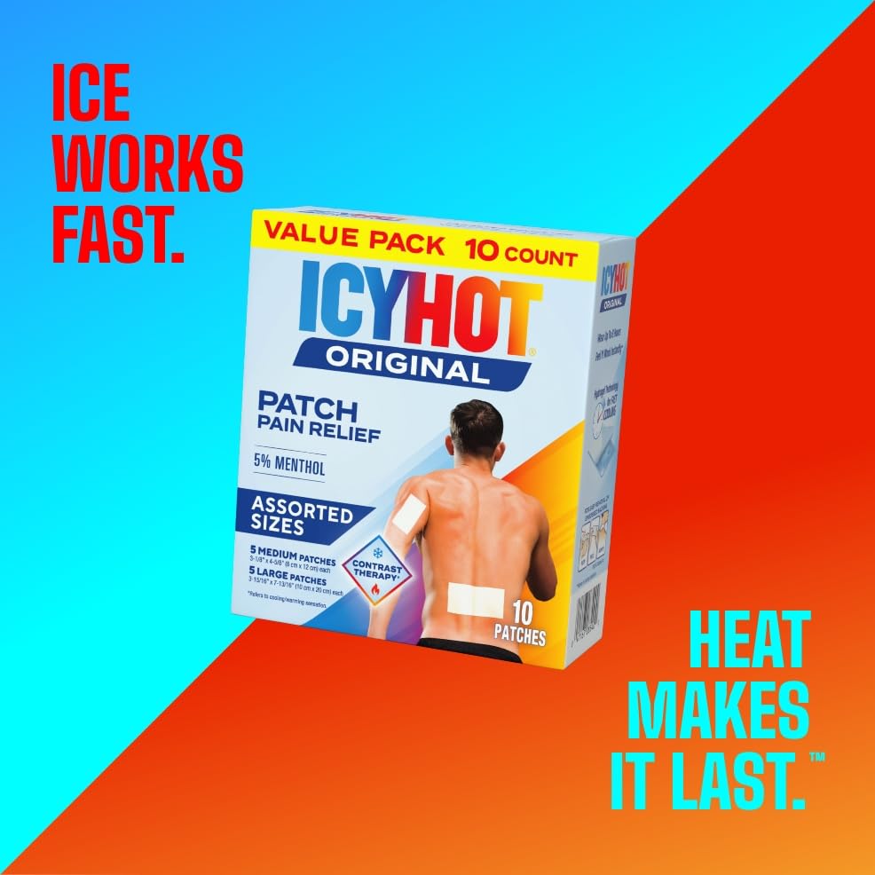 Icy Hot Original Pain Relief Patch Variety Pack with 5% Cooling Menthol for Fast-Acting Muscle and Joint Pain Relief, 5 Medium and 5 Large Comfortable Fabric Patches, 10 Ct., 2 pk - Maple Wellness Supplements