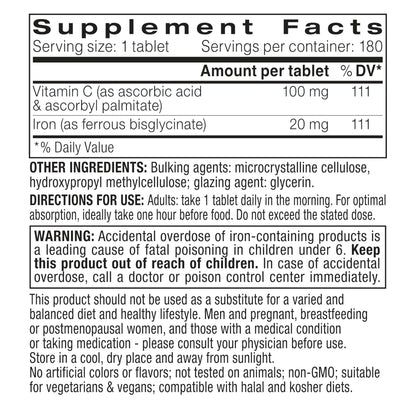 Igennus Clean Iron Bisglycinate 20mg, Vitamin C, 6 Month Supply, Gentle Chelated High Absorption Formula & Targeted Release Ferrous Bisglycinate - Maple Wellness Supplements