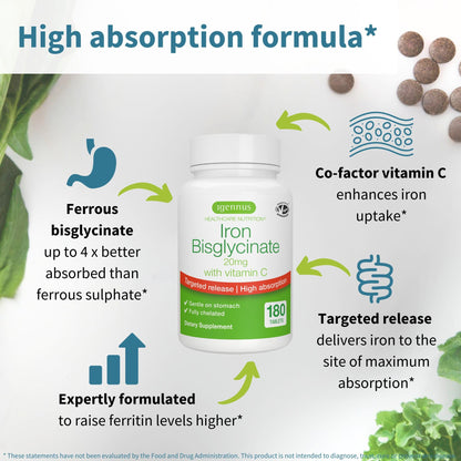 Igennus Clean Iron Bisglycinate 20mg, Vitamin C, 6 Month Supply, Gentle Chelated High Absorption Formula & Targeted Release Ferrous Bisglycinate - Maple Wellness Supplements