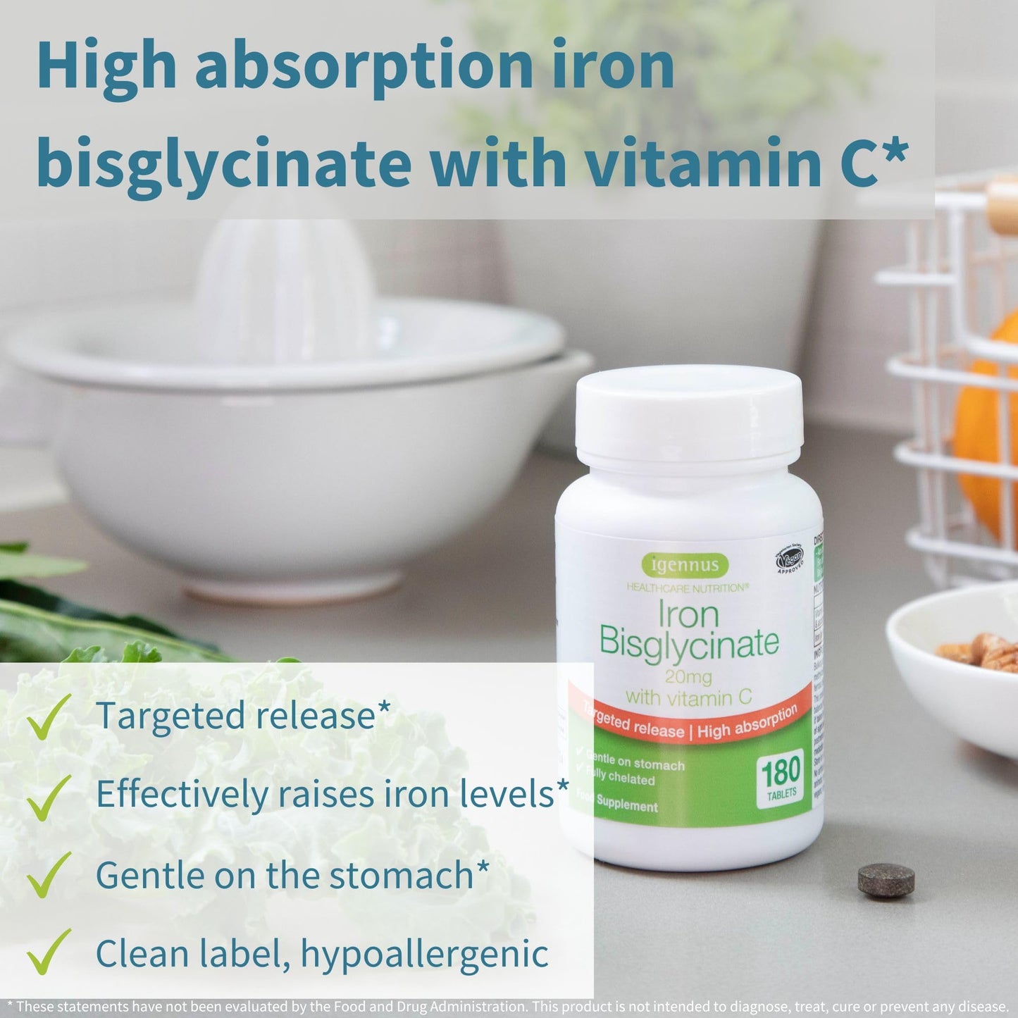 Igennus Clean Iron Bisglycinate 20mg, Vitamin C, 6 Month Supply, Gentle Chelated High Absorption Formula & Targeted Release Ferrous Bisglycinate - Maple Wellness Supplements
