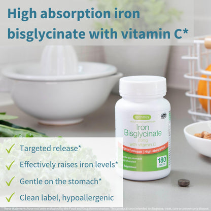Igennus Clean Iron Bisglycinate 20mg, Vitamin C, 6 Month Supply, Gentle Chelated High Absorption Formula & Targeted Release Ferrous Bisglycinate - Maple Wellness Supplements