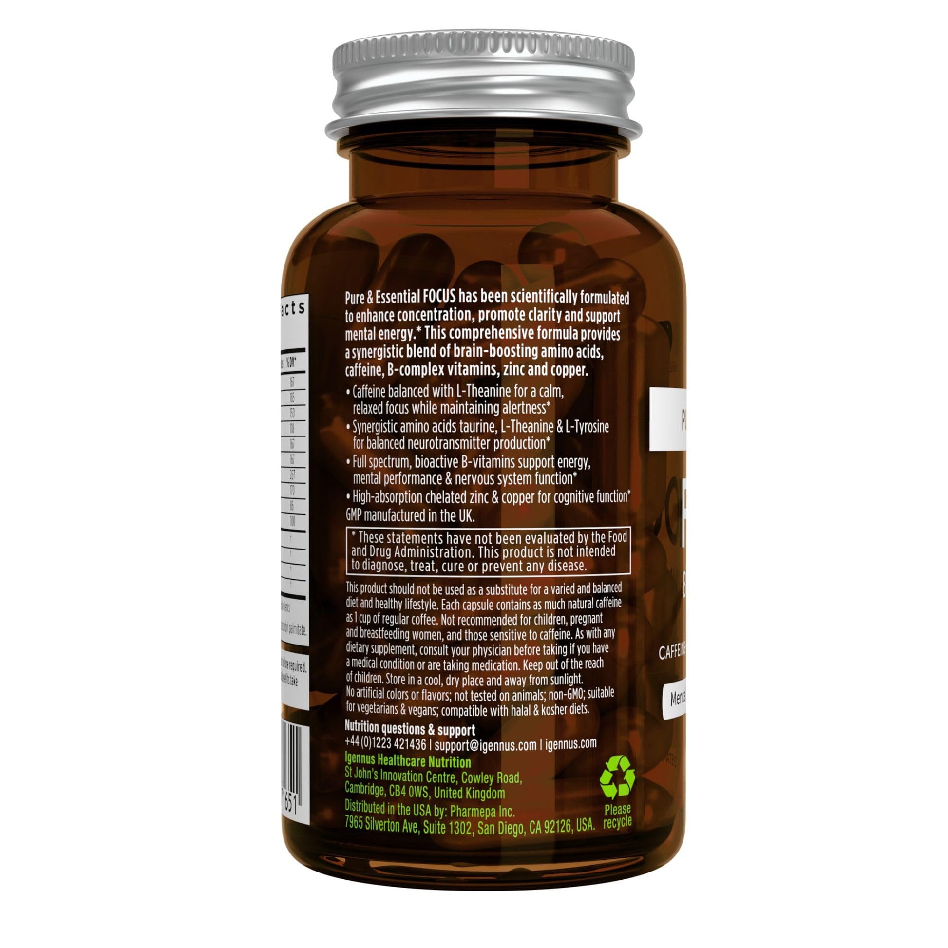 Igennus Focus - Nootropic with 200mg Natural Caffeine, Methylated B Vitamins, L-Theanine, Taurine, L-Tyrosine, Clean Energy, Brain Booster & Cognitive Performance, Non Jittery, 60 Capsules - Maple Wellness Supplements
