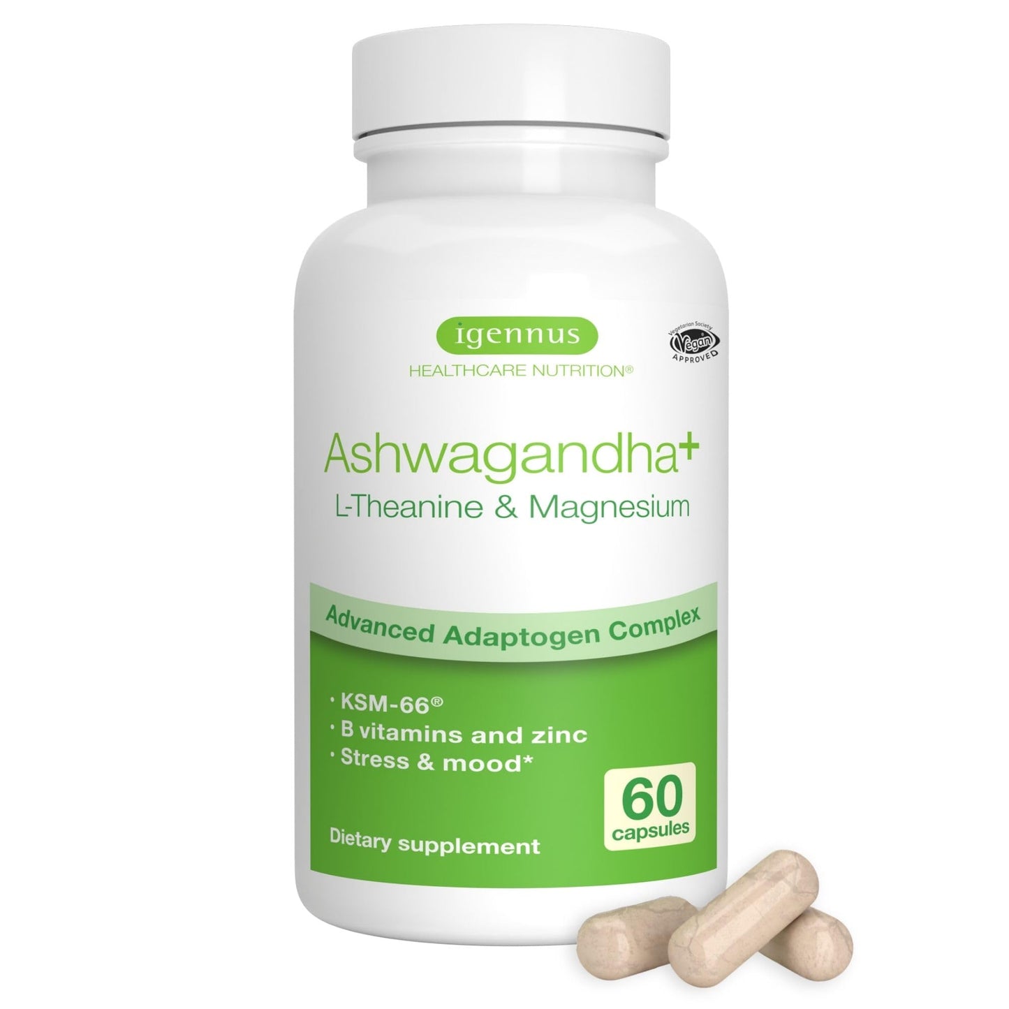 Igennus High Strength Ashwagandha, Magnesium, & L-Theanine Stress Relief Complex, KSM-66 Root Extract Adaptogens, Boosted with Methylfolate, Zinc & Biotin Clean Label, 60 Fast Acting Capsules - Maple Wellness Supplements