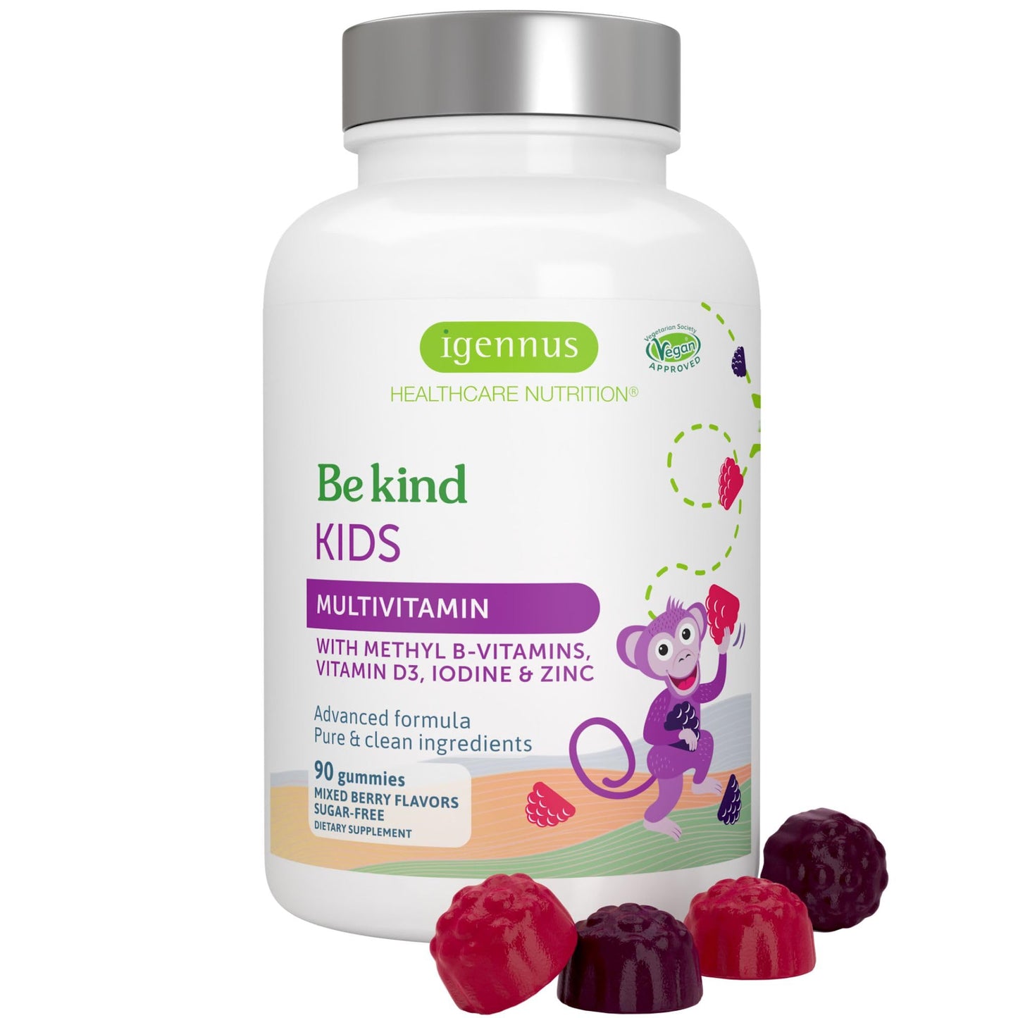 Igennus Methylated Kids Multivitamin Gummies, Clean Label & Third Party Tested, No Artificial Sweeteners or Flavors, Sugar Free, Age 4+, 90 Natural Berry Flavor - Maple Wellness Supplements