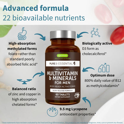 Igennus Methylated Men's Multivitamin with 22 Actives, Added Lycopene for Antioxidant Support, High Potency B12, Sustained Release, - Maple Wellness Supplements