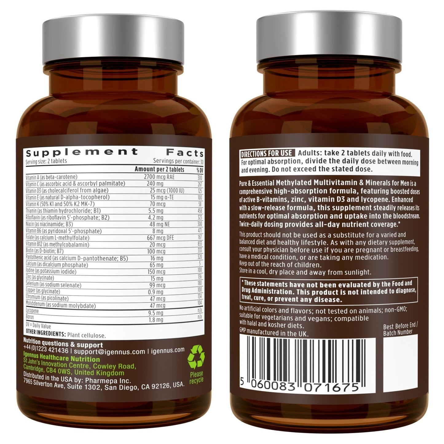 Igennus Methylated Men's Multivitamin with 22 Actives, Added Lycopene for Antioxidant Support, High Potency B12, Sustained Release, - Maple Wellness Supplements