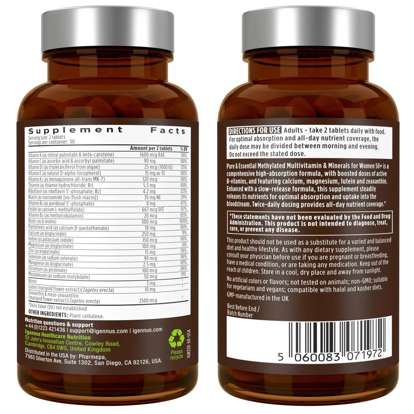 Igennus Methylated Women's 50+ Multivitamin with Calcium & Magnesium, Pure & Clean, All-Day Nutrient Delivery with High-Strength B-Vitamins - Maple Wellness Supplements