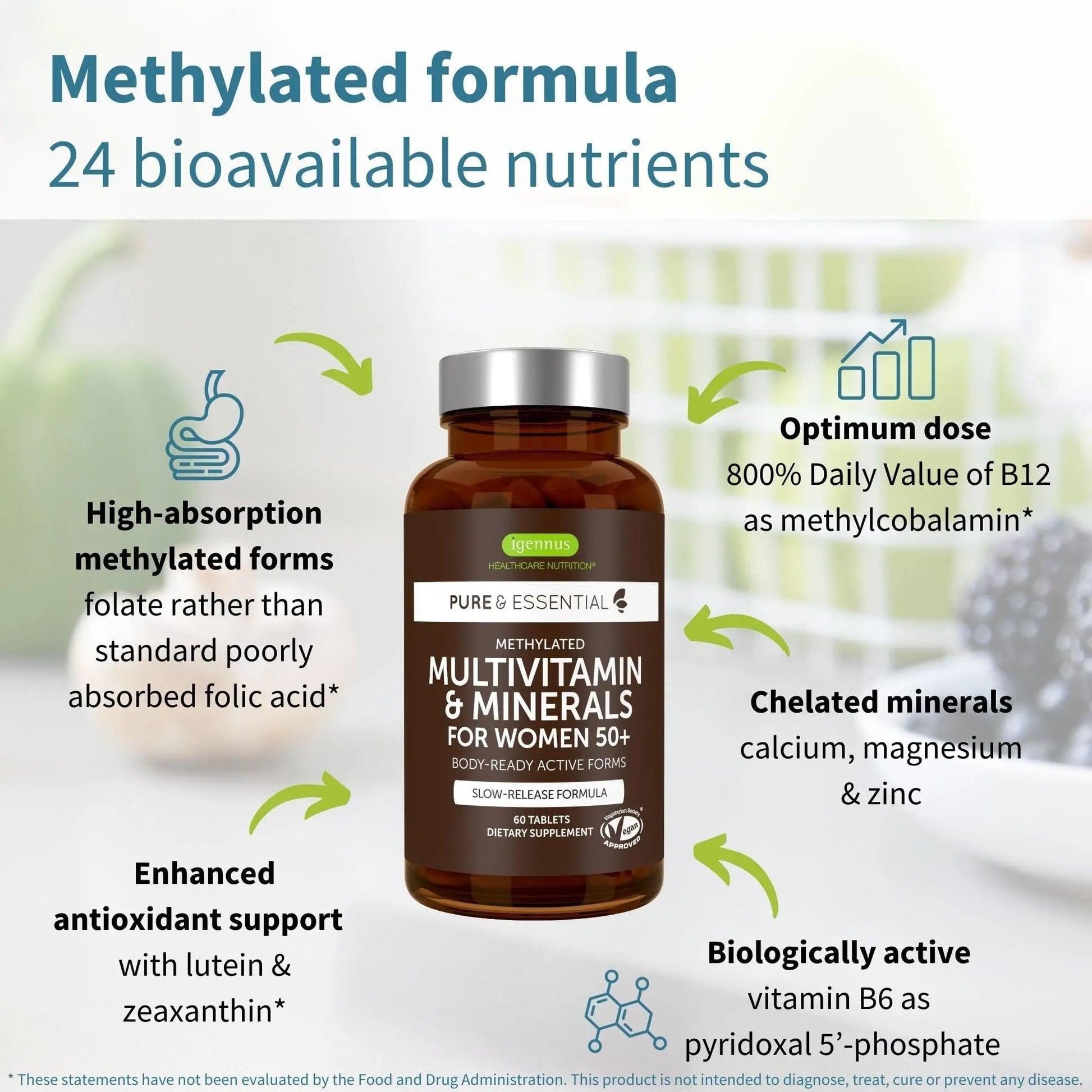 Igennus Methylated Women's 50+ Multivitamin with Calcium & Magnesium, Pure & Clean, All-Day Nutrient Delivery with High-Strength B-Vitamins - Maple Wellness Supplements