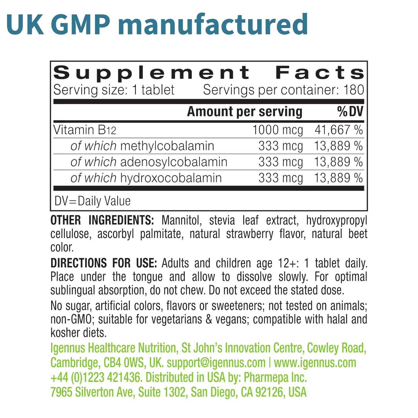 Igennus Sublingual Vitamin B12 Complex 1000mcg, Methylated Methylcobalamin, Adenosylcobalamin & Hydroxocobalamin, High Absorption & Clean, - Maple Wellness Supplements