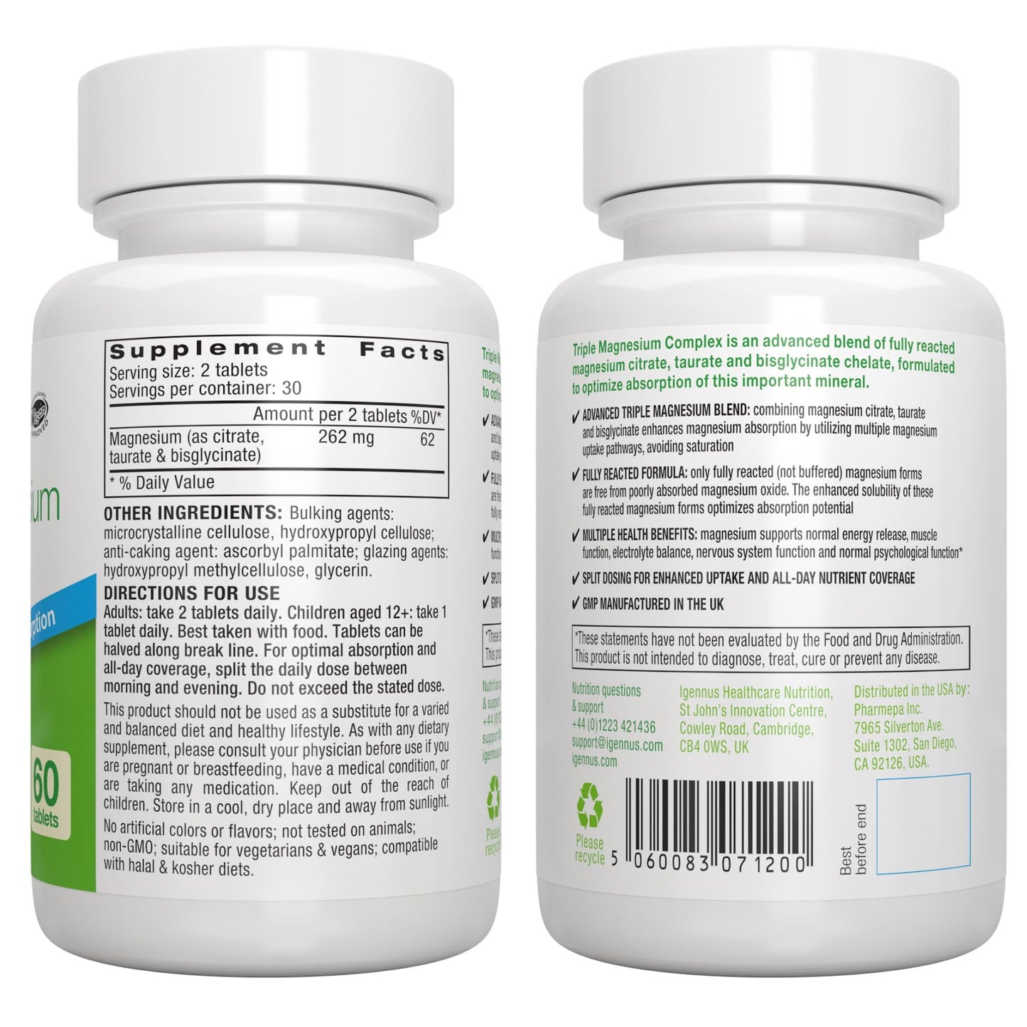 Igennus Superior Triple Magnesium Complex, Fully Reacted & Chelated Glycinate, Taurate & Citrate, Clean Label, High Bioavailability & Absorption, 60 Tablets, Vegan, Non-Buffered - Maple Wellness Supplements