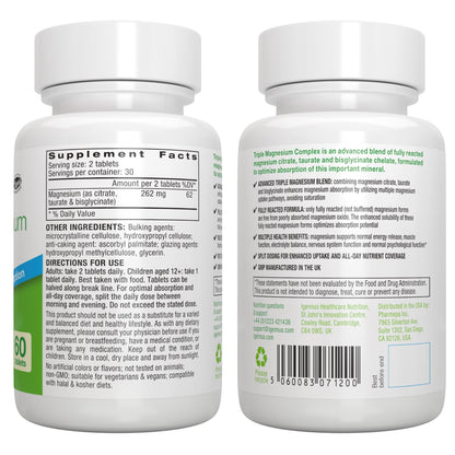 Igennus Superior Triple Magnesium Complex, Fully Reacted & Chelated Glycinate, Taurate & Citrate, Clean Label, High Bioavailability & Absorption, 60 Tablets, Vegan, Non-Buffered - Maple Wellness Supplements