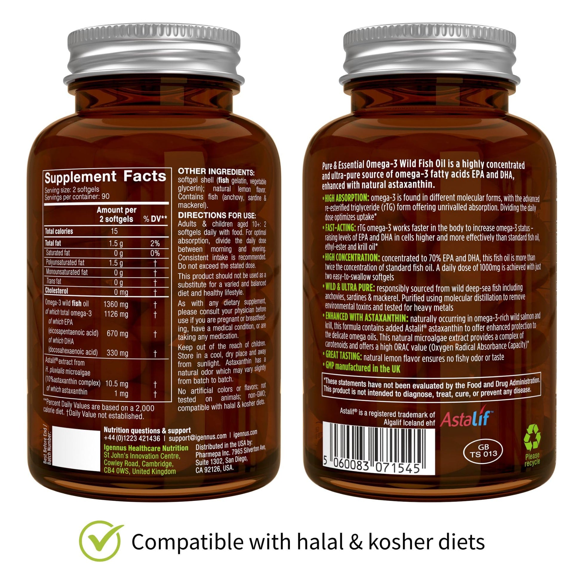 Igennus Ultra Pure Omega 3 Triglyceride rTG Wild Fish Oil 1360mg, IFOS Certified, EPA DHA 1000mg Plus Astaxanthin, Non-GMO, - Maple Wellness Supplements