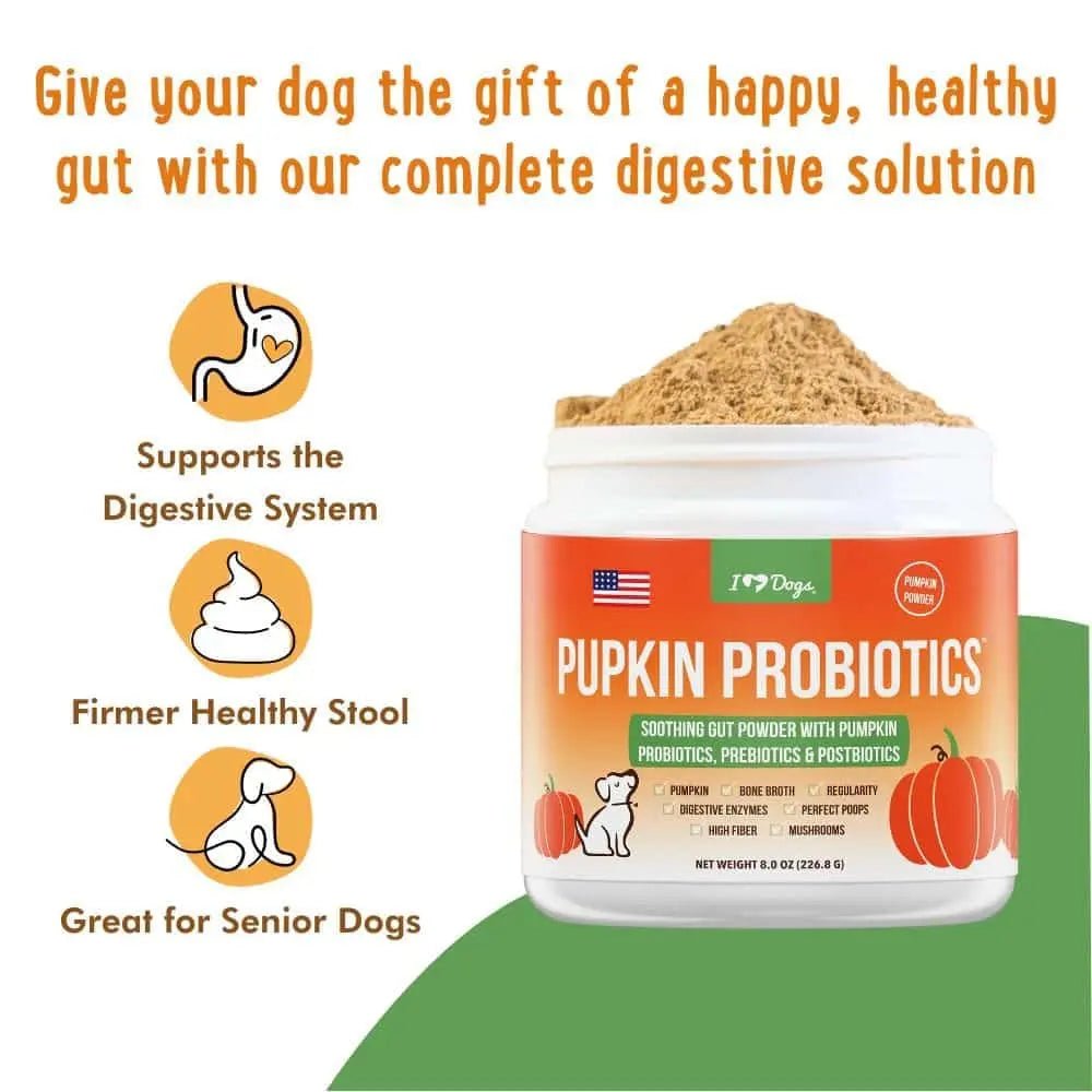 iHeartDogs Pupkin Probiotics, Prebiotics, Postbiotics, & Fiber for Dogs with Pumpkin, Gut Soothing Bone Broth & Mushrooms - Maple Wellness Supplements