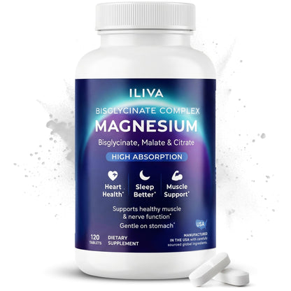 ILIVA Magnesium Glycinate 400mg -Triple Magnesium Complex (Glycinate+Malate+Citrate) - Chelated High Absorption Tablets for Sleep Support, Muscle Recovery, Bone Health, Energy&Calm - Vegan,120 Count - Maple Wellness Supplements
