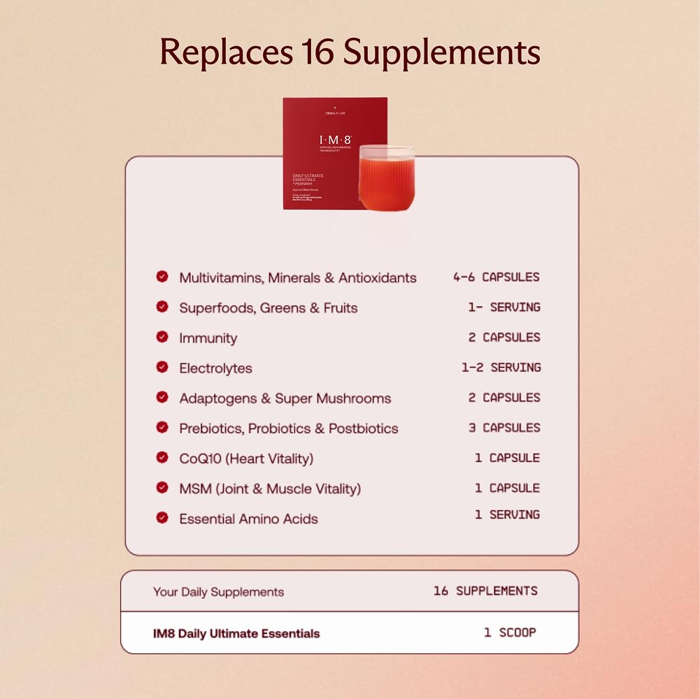 IM8 Daily Ultimate Essentials All-in-One Multivitamin Supplement, 92 Nutrient Rich Ingredients CoQ10, Probiotics, Vitamins, Greens, Gluten Free, Vegan, - Maple Wellness Supplements