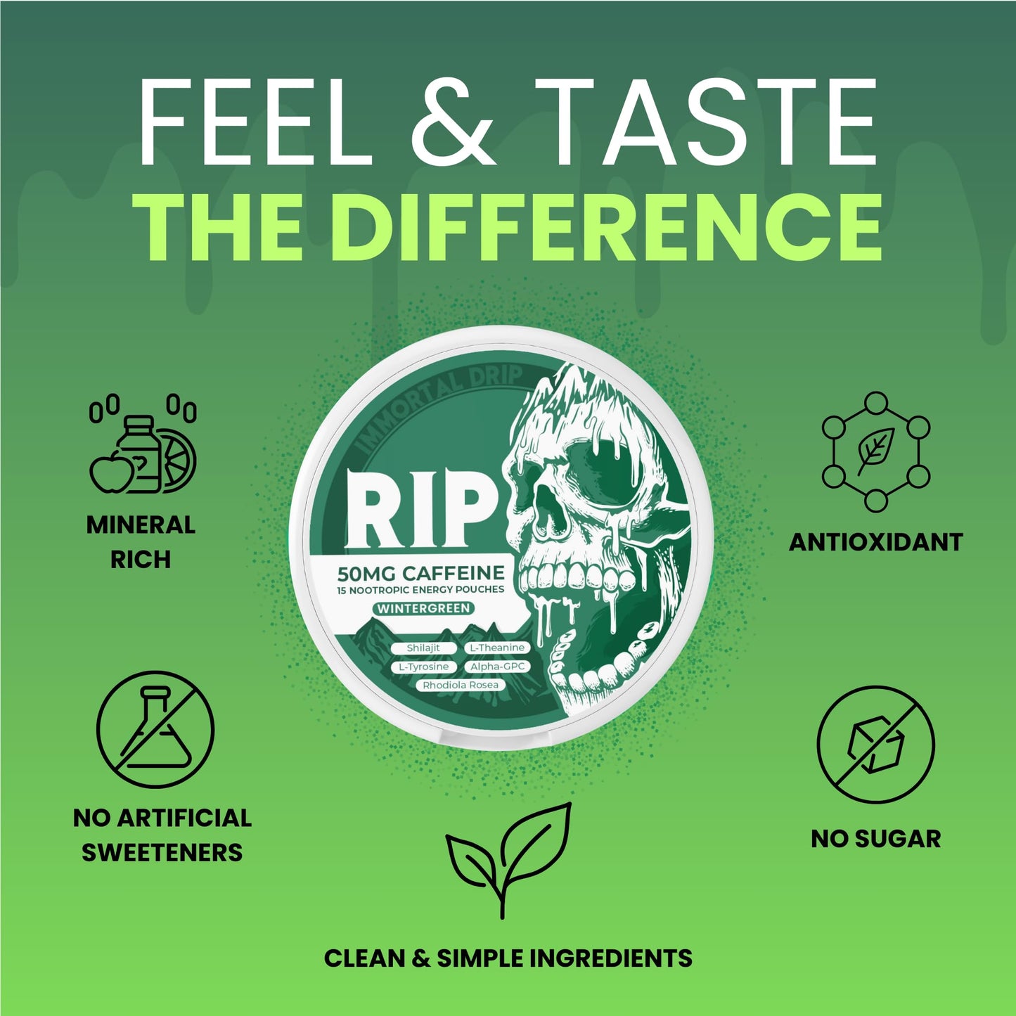 Immortal Drip RIP Nootropic Energy Pouches (Wintergreen) – 5 Cans – 15 Pouches per Can – Clean Energy & Focus Support – 50mg Caffeine, Shilajit, Alpha-GPC, L-Tyrosine, Rhodiola - Maple Wellness Supplements