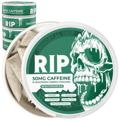 Immortal Drip RIP Nootropic Energy Pouches (Wintergreen) – 5 Cans – 15 Pouches per Can – Clean Energy & Focus Support – 50mg Caffeine, Shilajit, Alpha-GPC, L-Tyrosine, Rhodiola - Maple Wellness Supplements