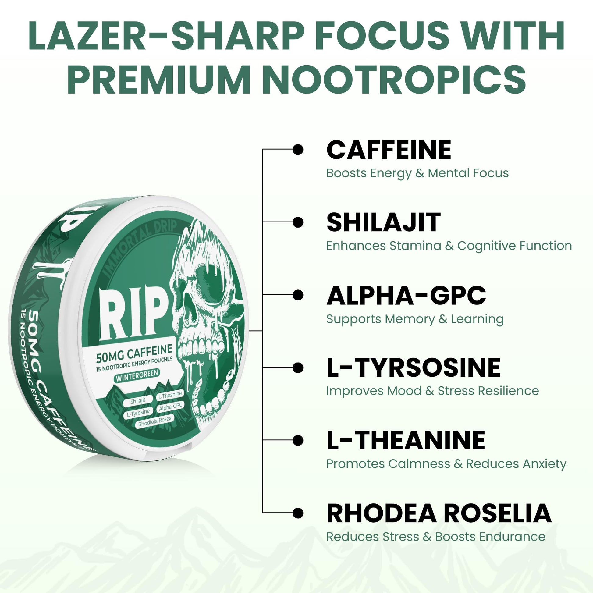 Immortal Drip RIP Nootropic Energy Pouches (Wintergreen) – 5 Cans – 15 Pouches per Can – Clean Energy & Focus Support – 50mg Caffeine, Shilajit, Alpha-GPC, L-Tyrosine, Rhodiola - Maple Wellness Supplements