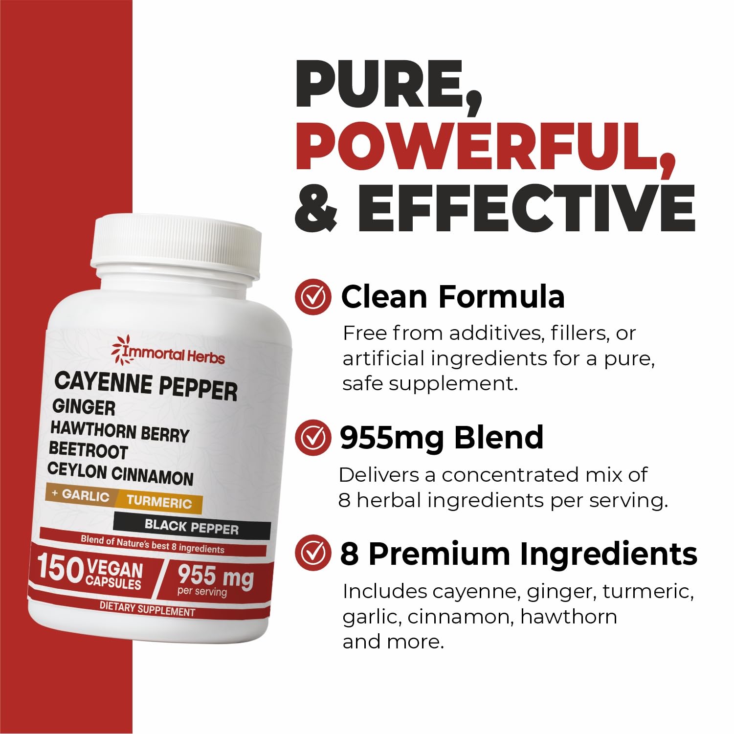 Immortal Herbs Cayenne Pepper Capsules w/Garlic, Ginger, Hawthorn, Turmeric, Cinnamon, Beet Root and Black Pepper Extract, 150 Cayenne Capsules, Non-GMO & Gluten Free Capsaicin Supplement - Maple Wellness Supplements