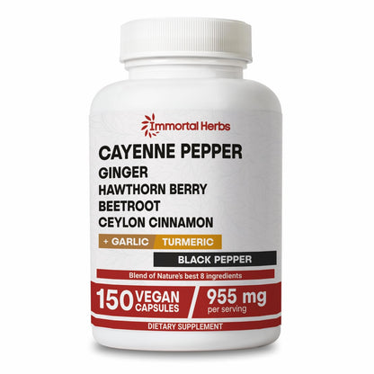 Immortal Herbs Cayenne Pepper Capsules w/Garlic, Ginger, Hawthorn, Turmeric, Cinnamon, Beet Root and Black Pepper Extract, 150 Cayenne Capsules, Non-GMO & Gluten Free Capsaicin Supplement - Maple Wellness Supplements