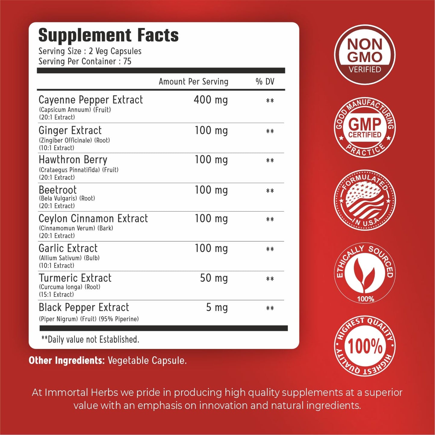 Immortal Herbs Cayenne Pepper Capsules w/Garlic, Ginger, Hawthorn, Turmeric, Cinnamon, Beet Root and Black Pepper Extract, 150 Cayenne Capsules, Non-GMO & Gluten Free Capsaicin Supplement - Maple Wellness Supplements