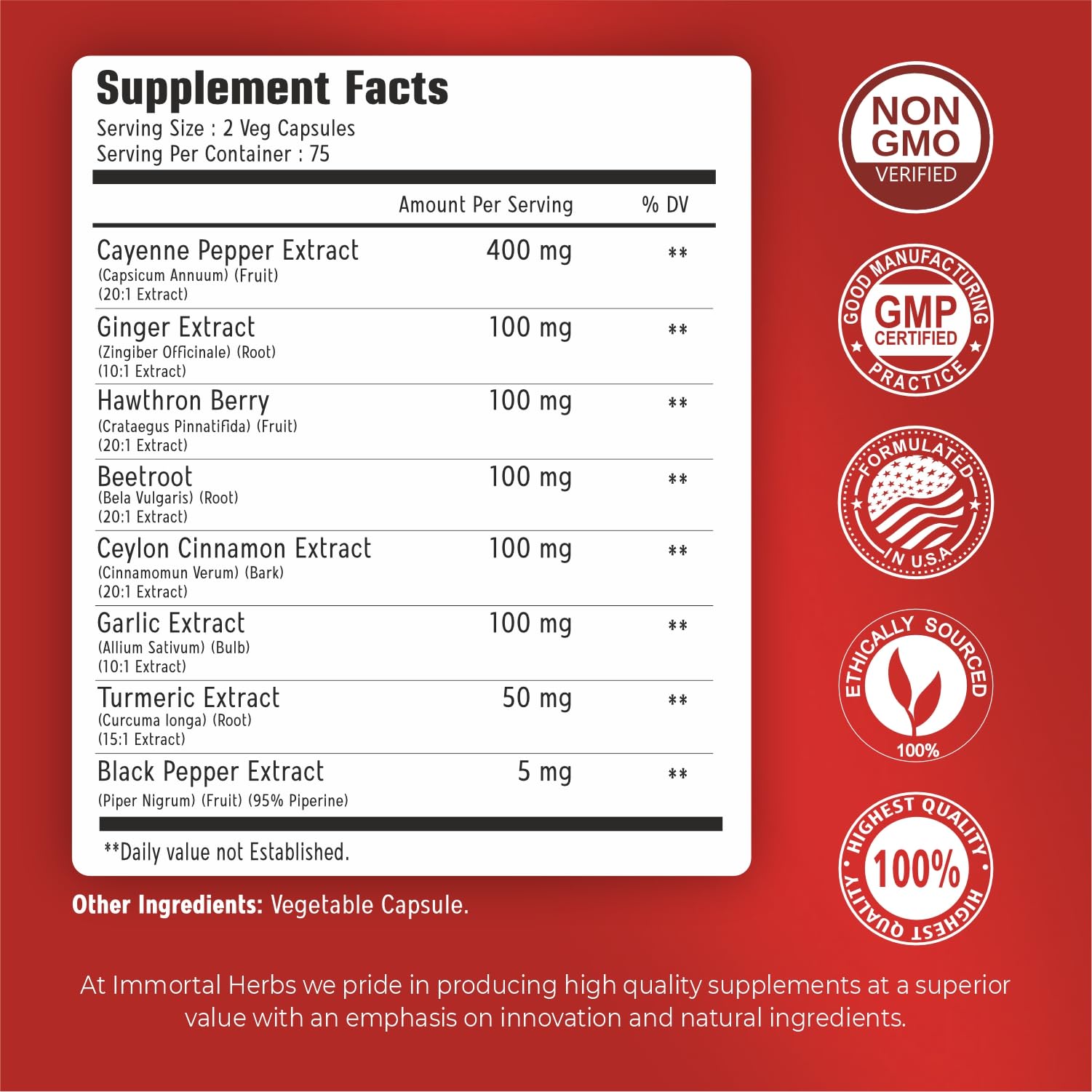 Immortal Herbs Cayenne Pepper Capsules w/Garlic, Ginger, Hawthorn, Turmeric, Cinnamon, Beet Root and Black Pepper Extract, 150 Cayenne Capsules, Non-GMO & Gluten Free Capsaicin Supplement - Maple Wellness Supplements