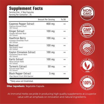 Immortal Herbs Cayenne Pepper Capsules w/Garlic, Ginger, Hawthorn, Turmeric, Cinnamon, Beet Root and Black Pepper Extract, 150 Cayenne Capsules, Non-GMO & Gluten Free Capsaicin Supplement - Maple Wellness Supplements