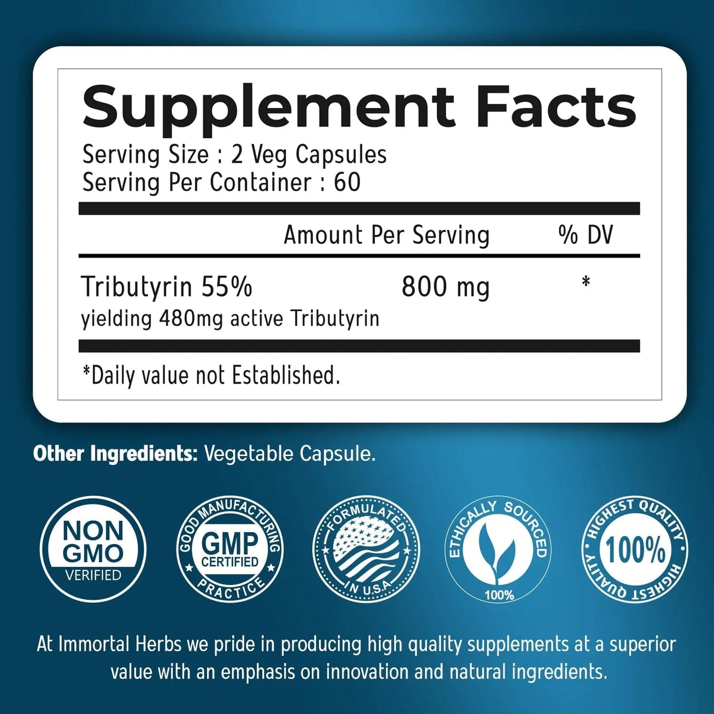 Immortal Herbs Tributyrin Supplement 800mg, Advanced Butyrate Form, 55% Standardized, More Effective Delivery Than Sodium Butyrate, 120 Capsules, Non-GMO & Gluten Free Postbiotic Supplement - Maple Wellness Supplements