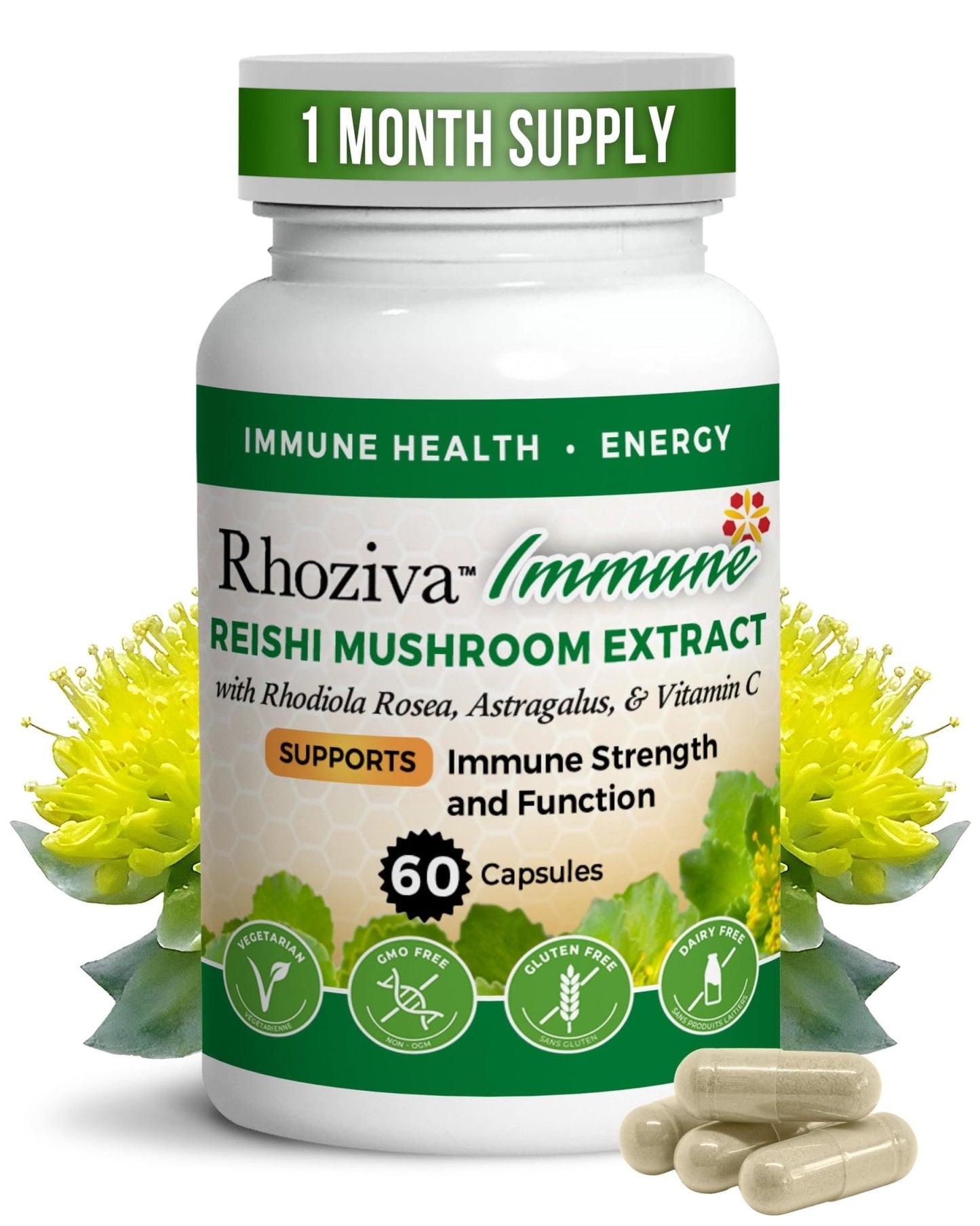 Immune Support, Energy Booster with Vitamin C, D3 and Zinc Supplement, Rhodiola Rosea, Reishi Mushroom Extract, Astragalus, Overall Wellness and Daily Habit - 60 Capsules - Maple Wellness Supplements