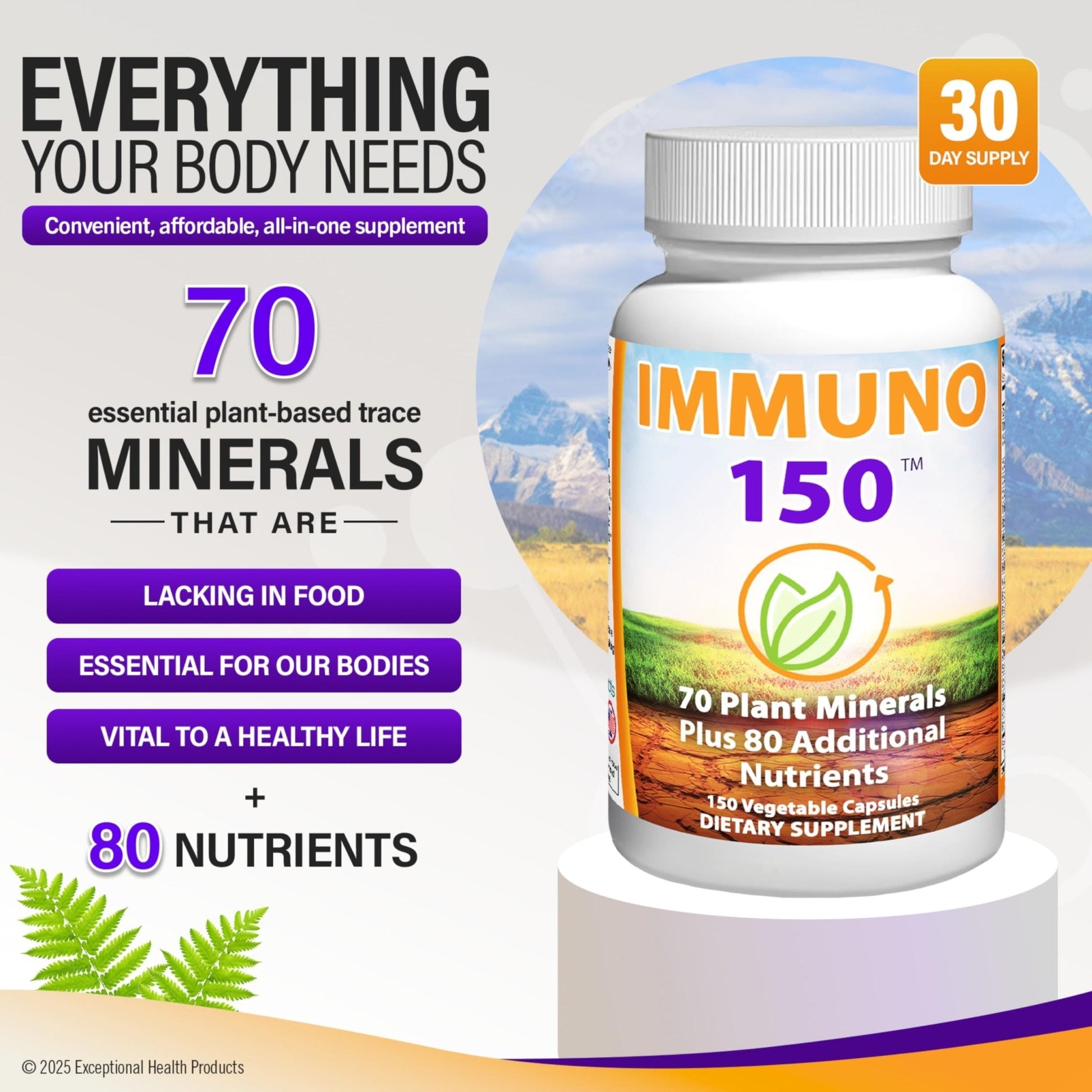 Immuno 150, Immune Support Supplement, Packed with 70 Plant Minerals, 13 Essential Vitamins and 68 Additional Nutrients-150 Vegetable Capsules- Immune Boost for All Age Groups - Maple Wellness Supplements