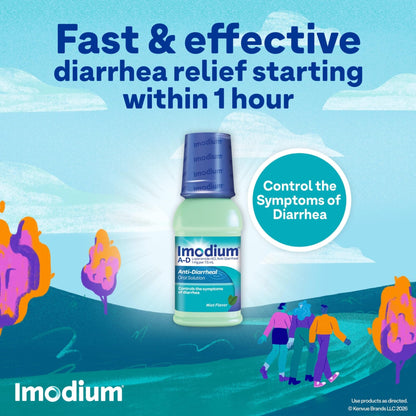 Imodium A-D Liquid Anti-Diarrheal Medicine with Loperamide HCl to Help Control Symptoms of Diarrhea Due to Acute, Traveler's Diarrhea, Mint Flavor, 8 fl. oz - Maple Wellness Supplements