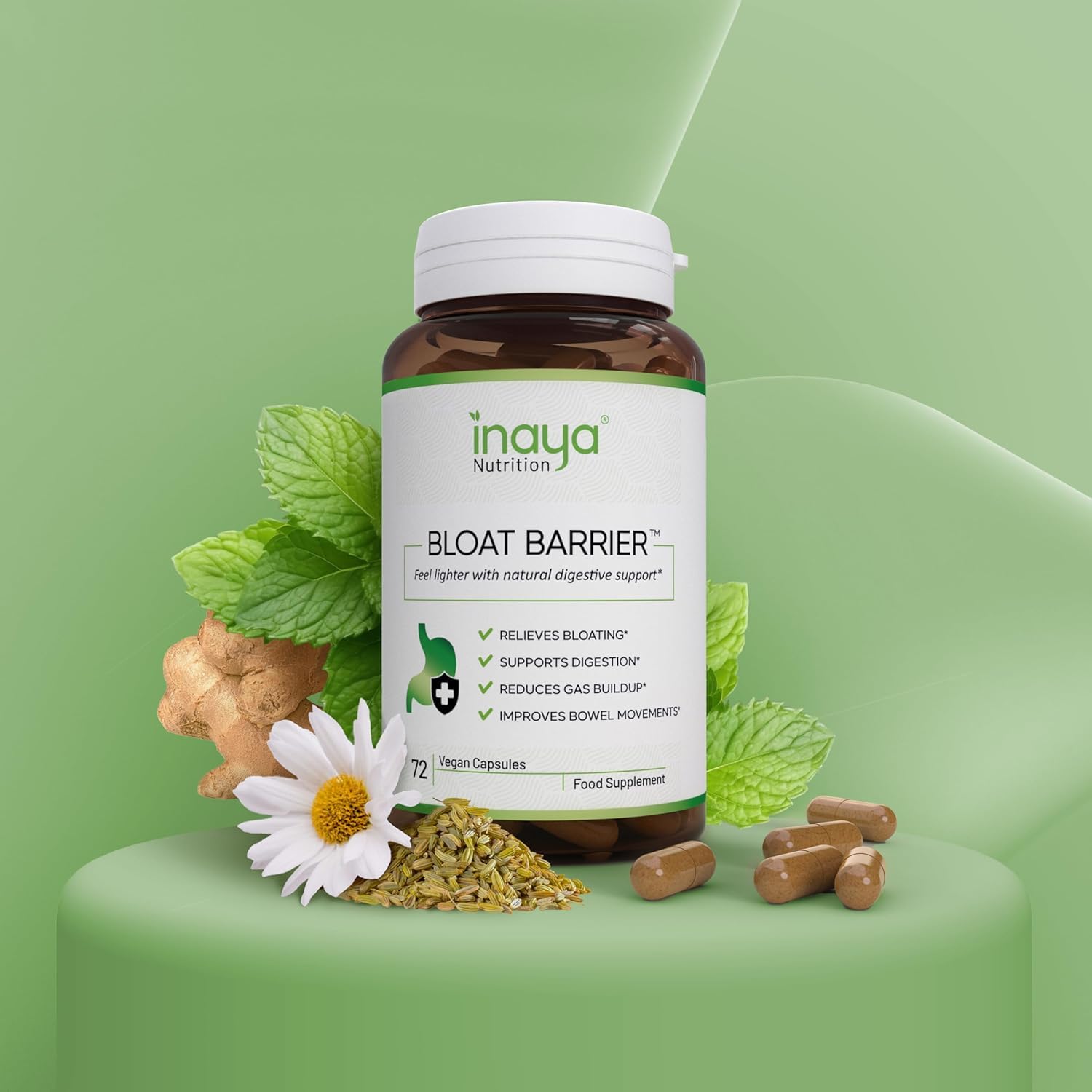 Inaya Nutrition BloatBarrier 72 Capsules - Natural Digestion and Bloating Supplement for Stomach Bloating Relief, Gas Reduction, and Improved Bowel Movements - Maple Wellness Supplements