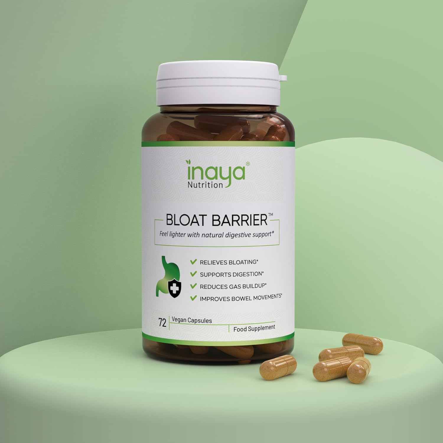Inaya Nutrition BloatBarrier 72 Capsules - Natural Digestion and Bloating Supplement for Stomach Bloating Relief, Gas Reduction, and Improved Bowel Movements - Maple Wellness Supplements