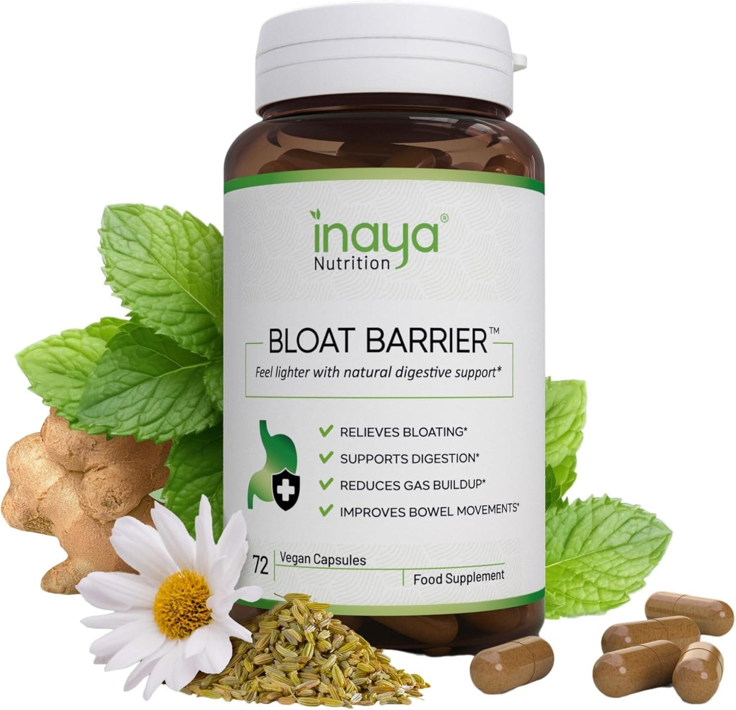 Inaya Nutrition BloatBarrier 72 Capsules - Natural Digestion and Bloating Supplement for Stomach Bloating Relief, Gas Reduction, and Improved Bowel Movements - Maple Wellness Supplements