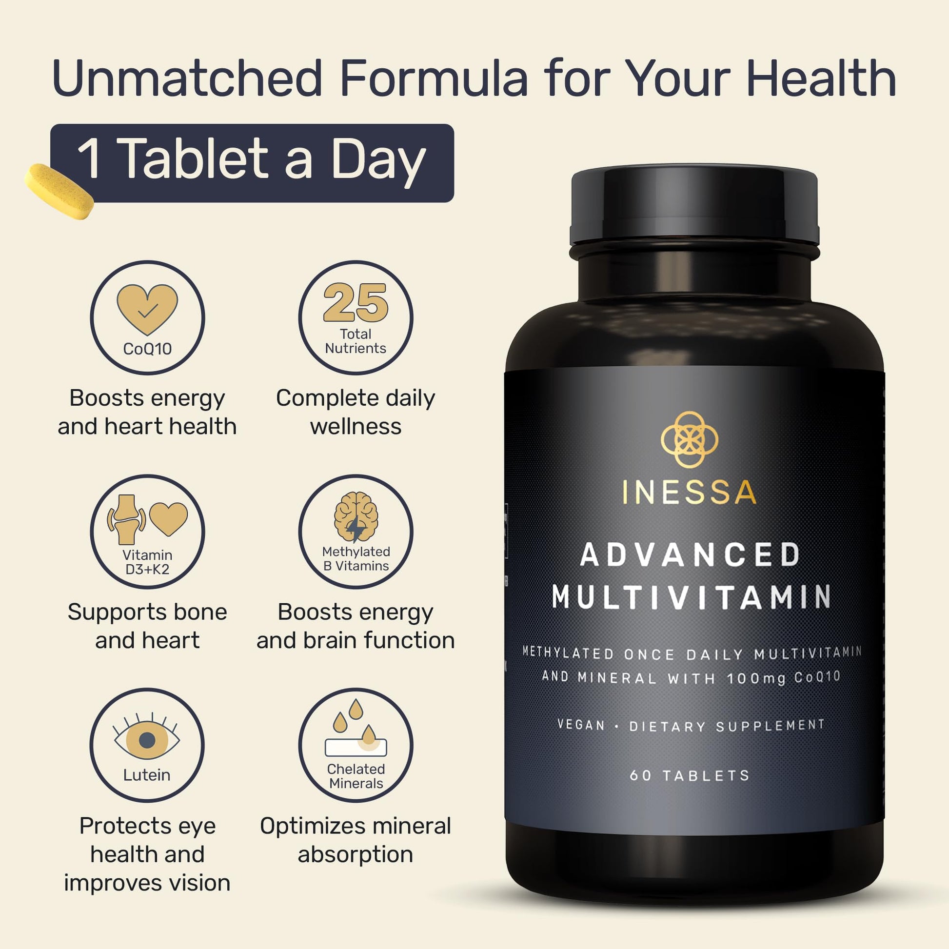 Inessa Methylated Multivitamin for Men and Women - Advanced Natural Daily Mens Multivitamins with CoQ10 100mg, Vitamins D3, K2, A, B Complex Vitamins - Maple Wellness Supplements