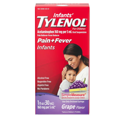 Infants' Tylenol Oral Suspension Liquid Medicine with Acetaminophen, Baby Fever Reducer & Pain Reliever for Minor Aches & Pains, Sore Throat, Headache & Toothache, Grape Flavor, 1 fl. oz - Maple Wellness Supplements