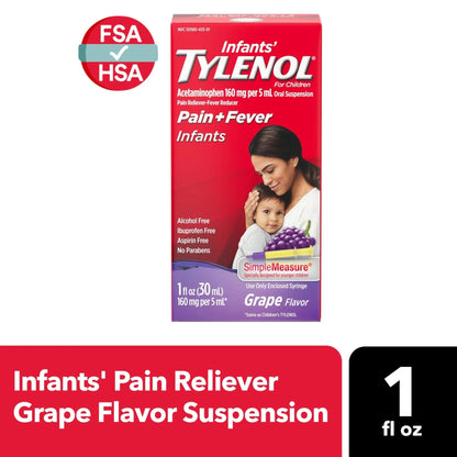 Infants' Tylenol Oral Suspension Liquid Medicine with Acetaminophen, Baby Fever Reducer & Pain Reliever for Minor Aches & Pains, Sore Throat, Headache & Toothache, Grape Flavor, 1 fl. oz - Maple Wellness Supplements