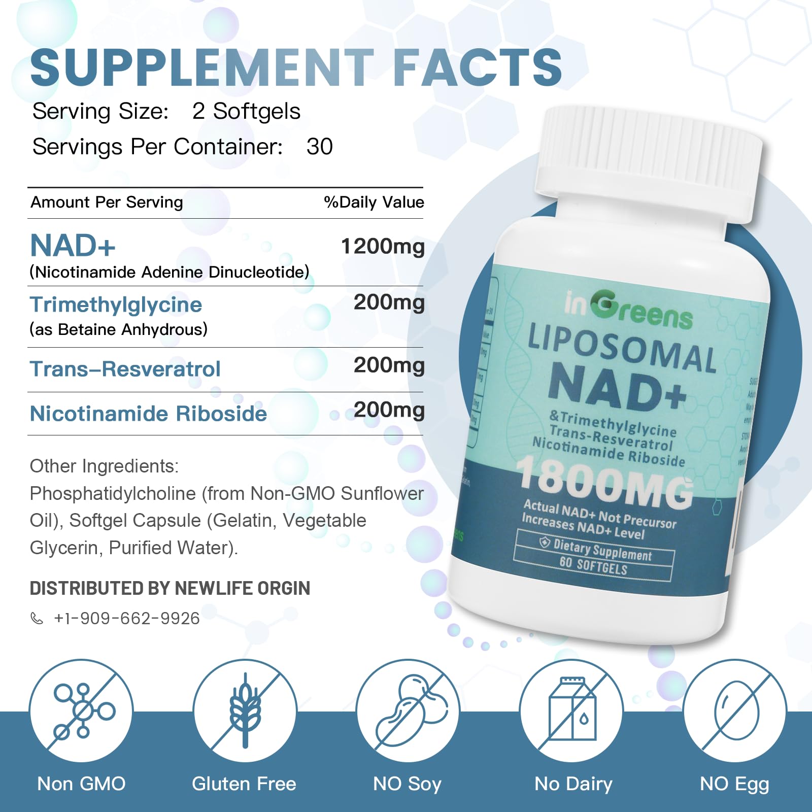 inGreens Liposomal NAD+ Supplement 1800 mg with Nicotinamide Riboside, Trans Resveratrol, Trimethylglycine，Replaces NMN, Boost NAD+, Aging Defense，Cellular Energy, 120 Softgels - Maple Wellness Supplements