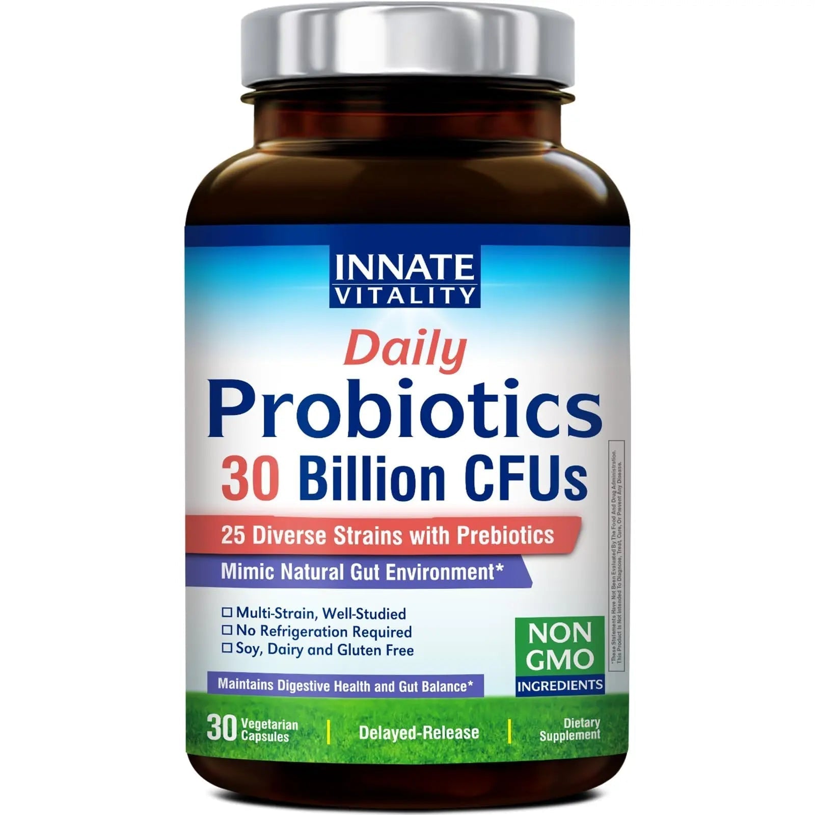 Innate Vitality Daily Probiotics for Women & Men, 30 Billion CFU of 25 Strains, Prebiotics, for Digestive Health Diarrhea Constipation Bloating & Gas Relief, Delayed Release, No Gluten, Vegan, 30 Caps - Maple Wellness Supplements