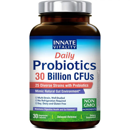 Innate Vitality Daily Probiotics for Women & Men, 30 Billion CFU of 25 Strains, Prebiotics, for Digestive Health Diarrhea Constipation Bloating & Gas Relief, Delayed Release, No Gluten, Vegan, 30 Caps - Maple Wellness Supplements