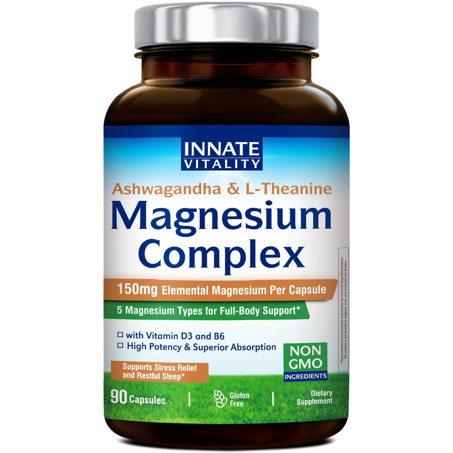 Innate Vitality Magnesium Complex, Magnesium Glycinate Citrate Malate Taurate with Ashwagandha L-Theanine Vitamin D3 & B6, High Absorption, Full Spectrum, Bones Stress Sleep Support, 90 caps - Maple Wellness Supplements