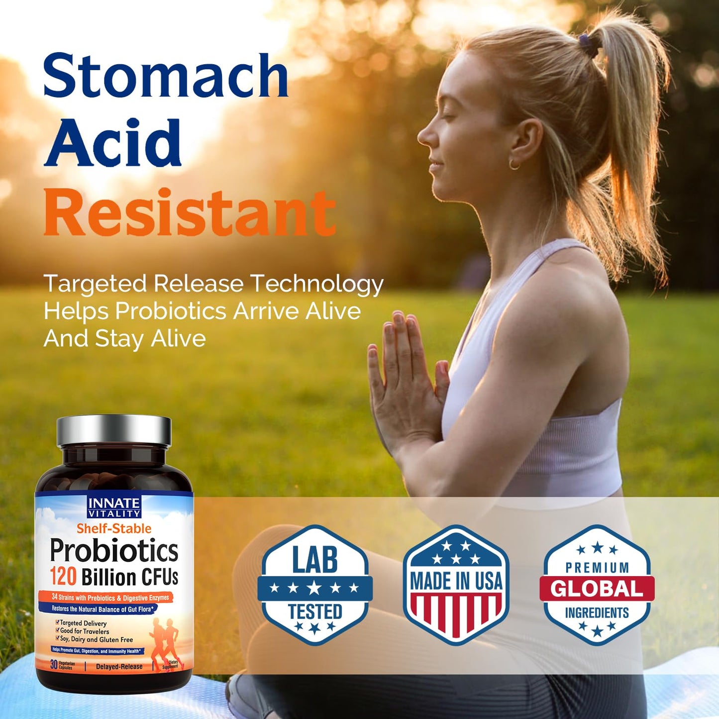Innate Vitality Probiotics 120 Billion CFUs for Men & Women, 34 Strains with Prebiotics & Digestive Enzymes, Immune & Digestive Health - Maple Wellness Supplements