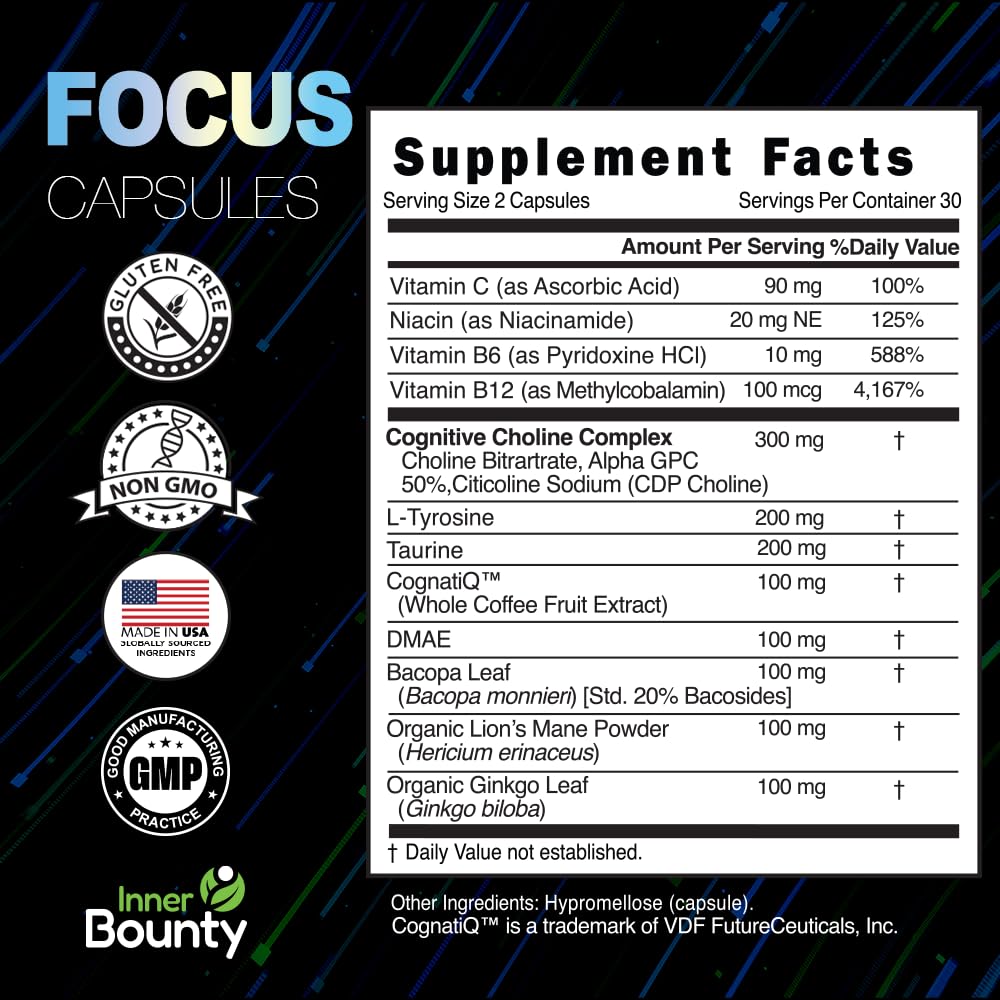Inner Bounty Focus 14-in-1 Nootropic Brain Supplement with Lions Mane, Alpha GPC Choline, Vitamin C & B12, Taurine, Bacopa - Energy, Cognitive, Memory Support, 60 Filler Free Capsules - Maple Wellness Supplements