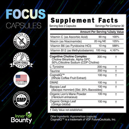 Inner Bounty Focus 14-in-1 Nootropic Brain Supplement with Lions Mane, Alpha GPC Choline, Vitamin C & B12, Taurine, Bacopa - Energy, Cognitive, Memory Support, 60 Filler Free Capsules - Maple Wellness Supplements